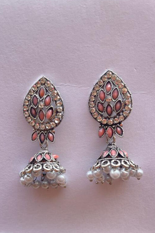 Silver Paan Shape Jhumka with White Beads