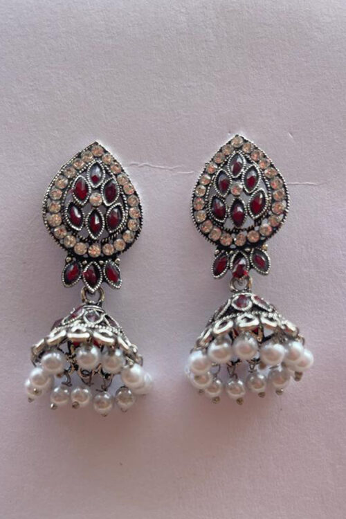 Silver Paan Shape Jhumka with White Beads